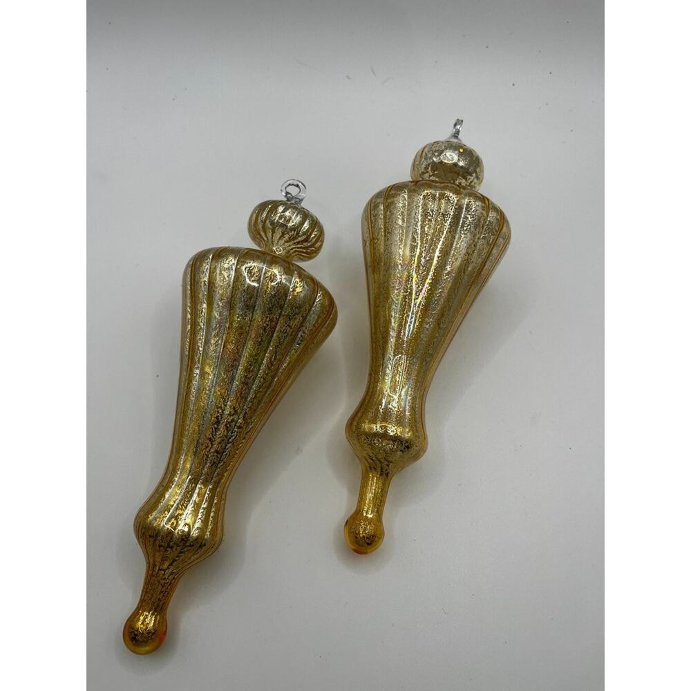 Elegant Gold Hand Blown Art Mercury Glass Finial Christmas Tree Ornament Pair